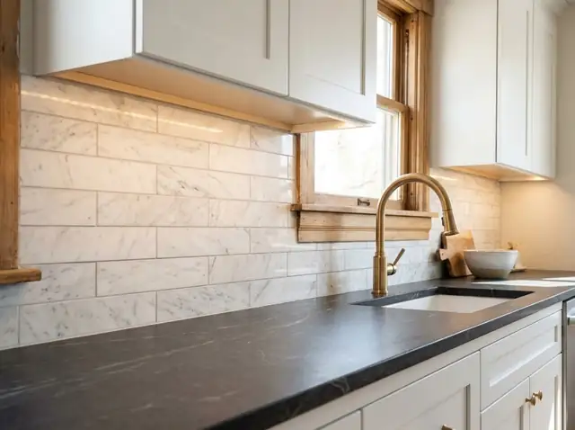 Kitchen backsplash of white marble subway tile between white cabinets and a charcoal countertop