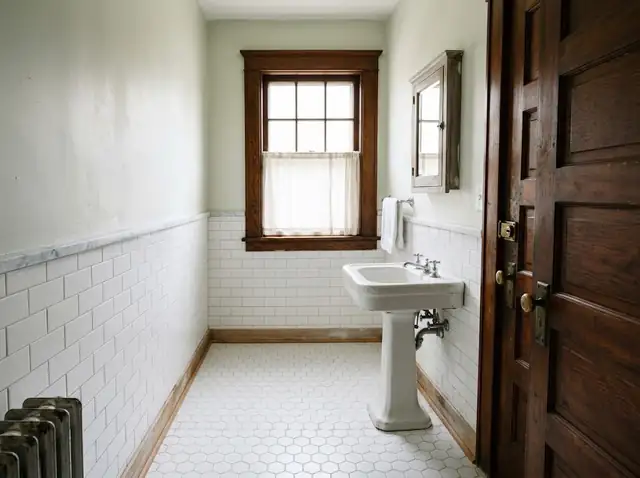 Vintage bathroom with new white hexagon floor tile and subway tile wainscot